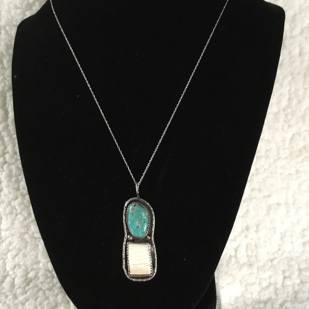 Sterling Silver Green Turquoise and Ivory Necklace